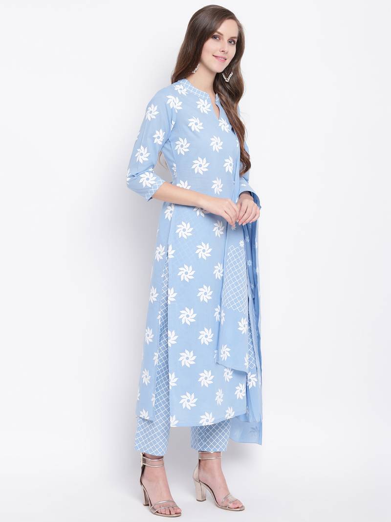 Blue Geometric Print Cotton Kurta Palazzo Dupatta Set