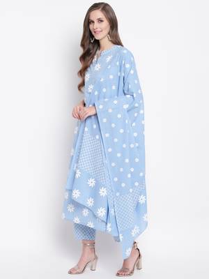 Blue Geometric Print Cotton Kurta Palazzo Dupatta Set 4
