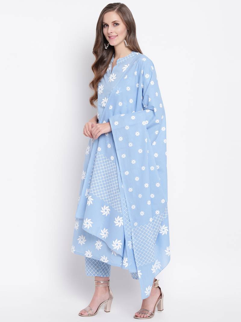 Blue Geometric Print Cotton Kurta Palazzo Dupatta Set