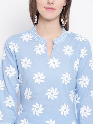 Blue Geometric Print Cotton Kurta Palazzo Dupatta Set 5