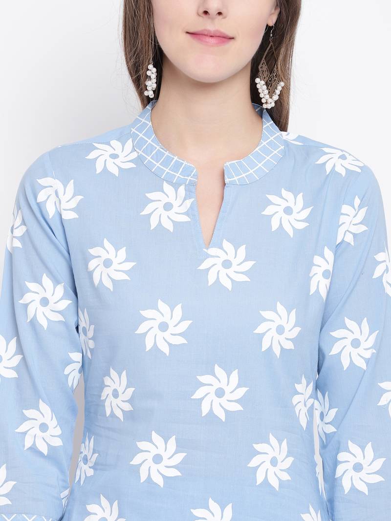 Blue Geometric Print Cotton Kurta Palazzo Dupatta Set