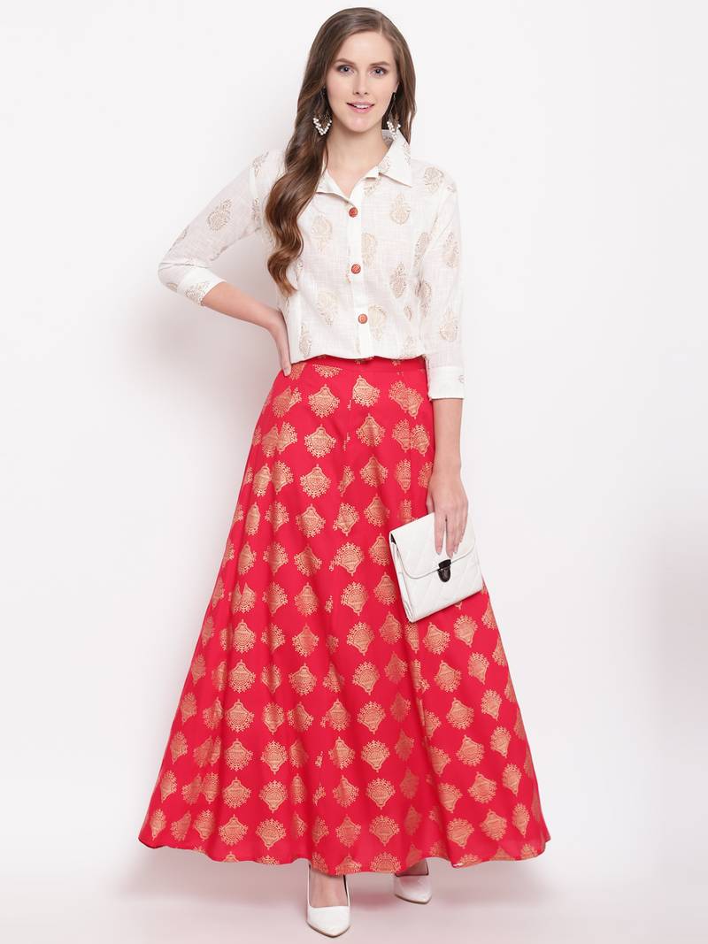 Red zoom skirt set kurtas-and-kurtis rayon cream