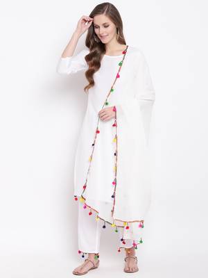 White Solid Rayon Straight Kurta Pant & Dupatta Set 1