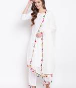 White Solid Rayon Straight Kurta Pant & Dupatta Set