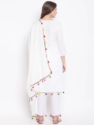 White Solid Rayon Straight Kurta Pant & Dupatta Set 2