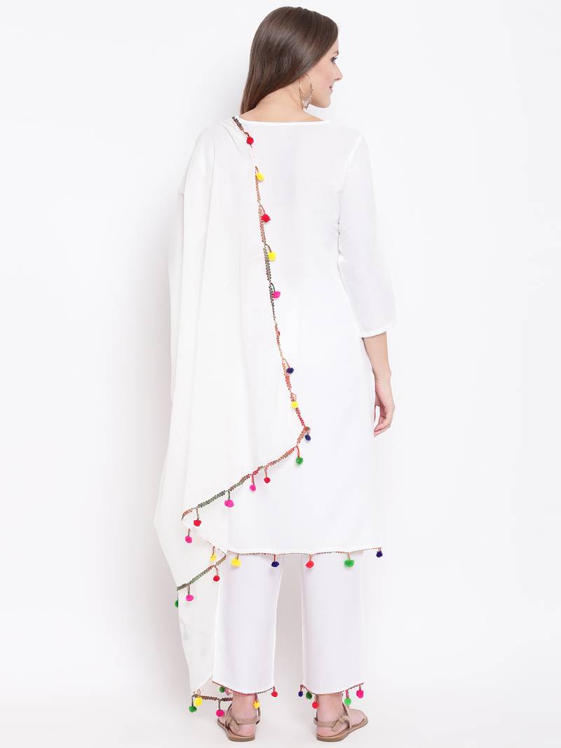 White Solid Rayon Straight Kurta Pant & Dupatta Set