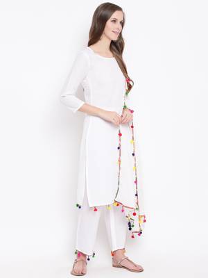 White Solid Rayon Straight Kurta Pant & Dupatta Set 3