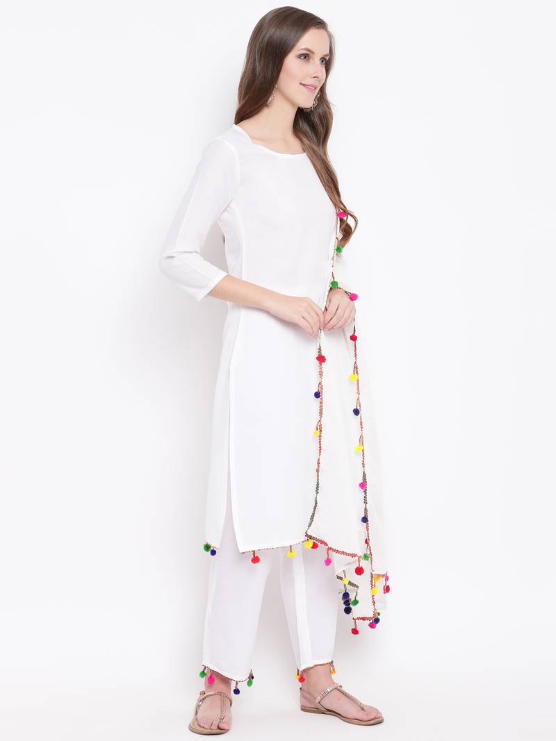 White Solid Rayon Straight Kurta Pant & Dupatta Set