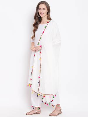 White Solid Rayon Straight Kurta Pant & Dupatta Set 4