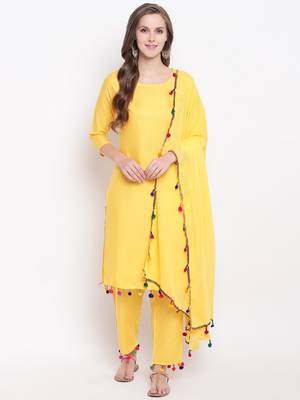 Yellow Solid Rayon Straight Kurta Pant & Dupatta Set 1