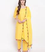 Yellow Solid Rayon Straight Kurta Pant & Dupatta Set