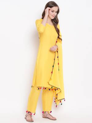Yellow Solid Rayon Straight Kurta Pant & Dupatta Set 3