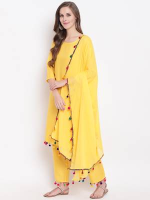 Yellow Solid Rayon Straight Kurta Pant & Dupatta Set 4
