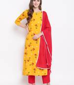 Yellow Floral Print Rayon Kurta Pant & Dupatta Set
