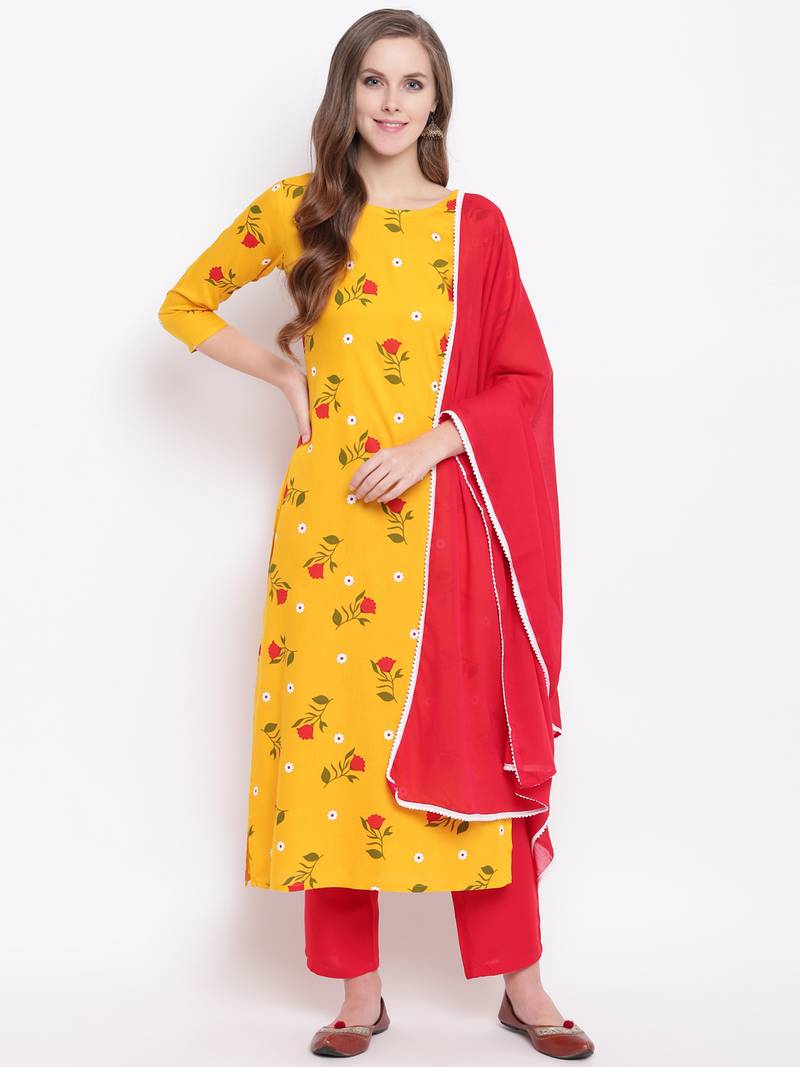 Yellow Floral Print Rayon Kurta Pant & Dupatta Set