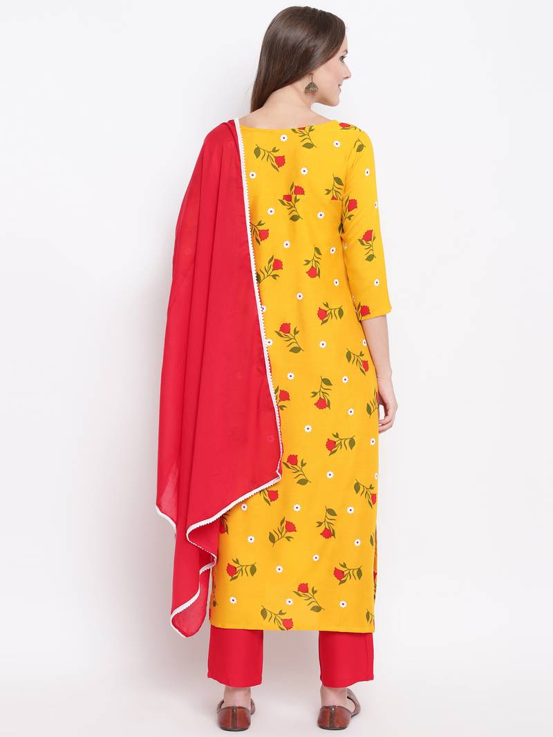 Yellow Floral Print Rayon Kurta Pant & Dupatta Set