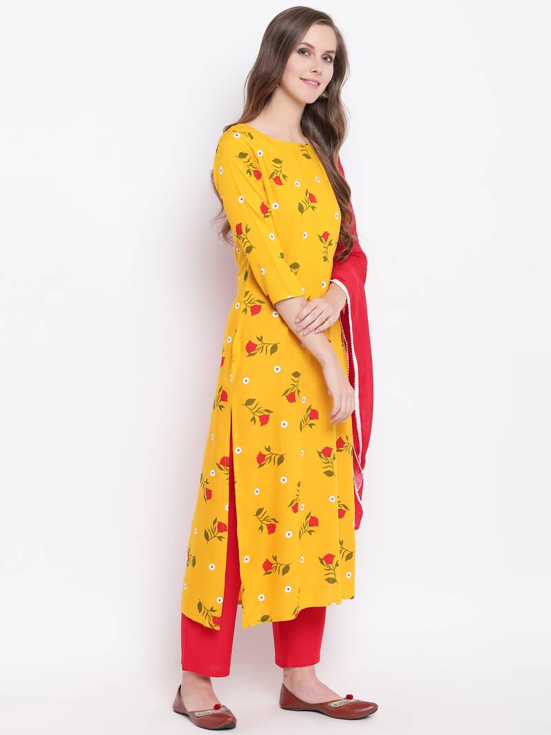 Yellow Floral Print Rayon Kurta Pant & Dupatta Set