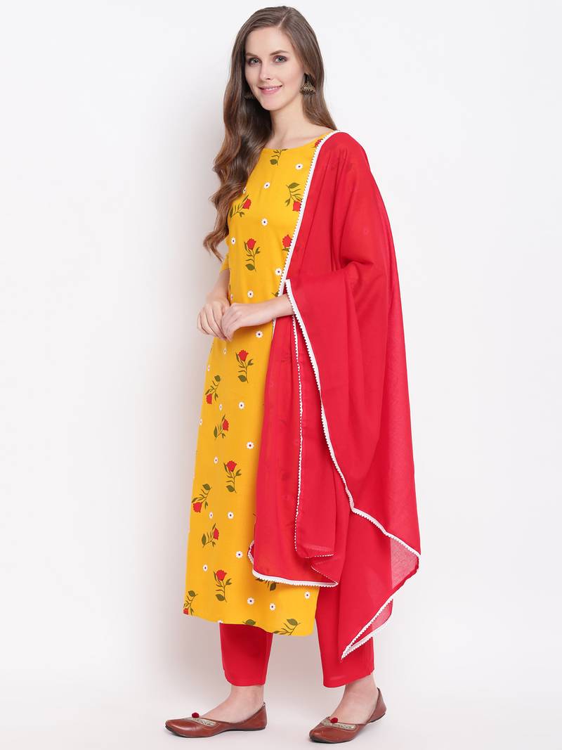 Yellow Floral Print Rayon Kurta Pant & Dupatta Set