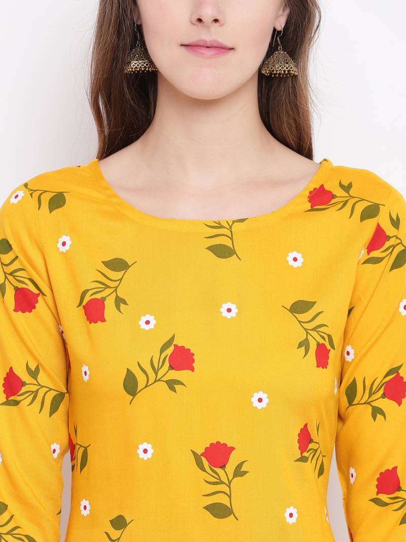 Yellow Floral Print Rayon Kurta Pant & Dupatta Set