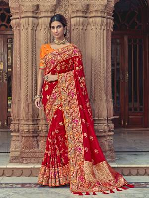 Red woven banarasi silk saree with blouse 1