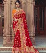 Red woven banarasi silk saree with blouse
