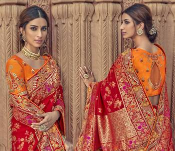 Red woven banarasi silk saree with blouse 2