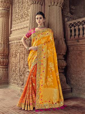 Yellow woven banarasi silk saree with blouse 1