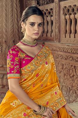 Yellow woven banarasi silk saree with blouse 2