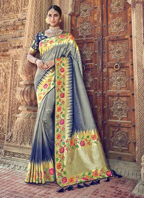Grey woven semi silk saree with blouse 1