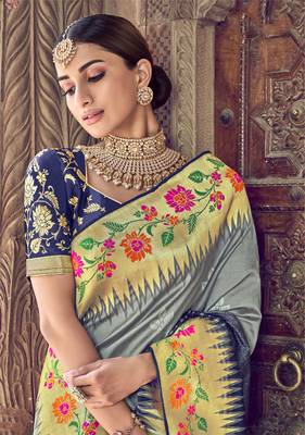 Grey woven semi silk saree with blouse 2