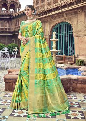 Lime woven banarasi silk saree with blouse 1