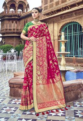 Rani pink woven banarasi silk saree with blouse 1