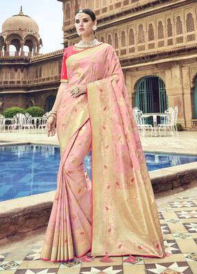Pink woven banarasi silk saree with blouse 1