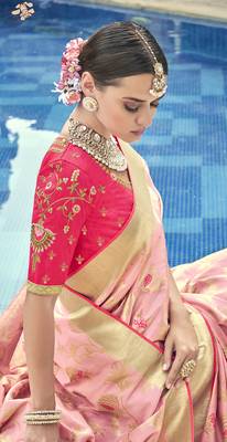 Pink woven banarasi silk saree with blouse 2