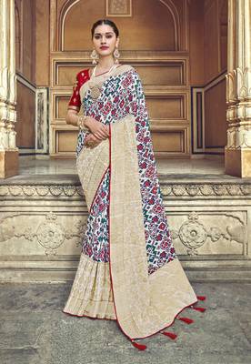 White woven banarasi silk saree with blouse 1