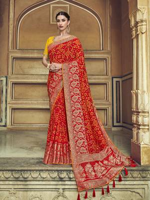 Red woven banarasi silk saree with blouse 1
