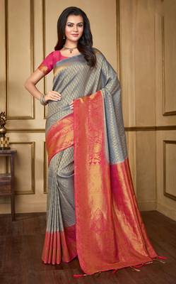 Grey Woven Banarasi Silk Saree With Blouse 1