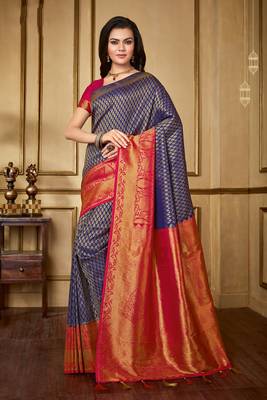 Blue woven banarasi silk saree with blouse 1