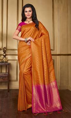 Mustard woven banarasi silk saree with blouse 1