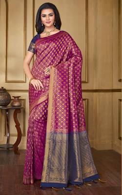Magenta woven banarasi silk saree with blouse 1