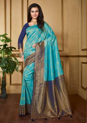 Sky Blue Woven silk blend  Saree With Blouse 1