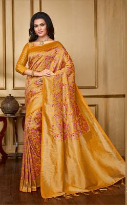 Mustard woven banarasi silk saree with blouse 1