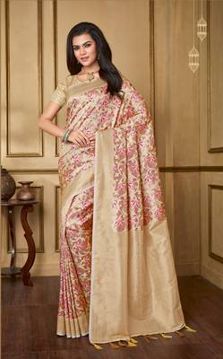 Cream Woven Banarasi Silk Saree With Blouse 1