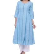 Sky-blue plain cotton long-kurtis