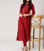 Red plain cotton long-kurtis