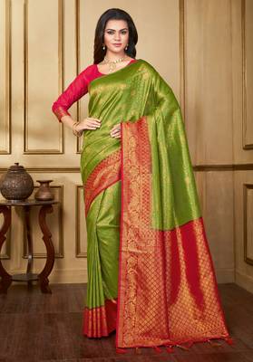 Parrot green woven banarasi silk saree with blouse 1