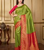 Parrot green woven banarasi silk saree with blouse