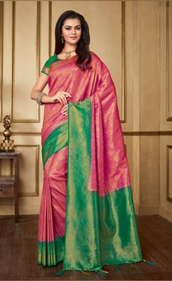 Pink woven banarasi silk saree with blouse 1
