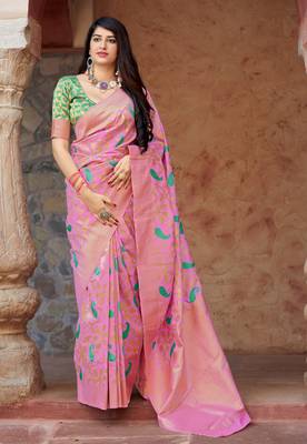 Pink woven banarasi silk saree with blouse 1