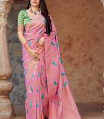 Pink woven banarasi silk saree with blouse